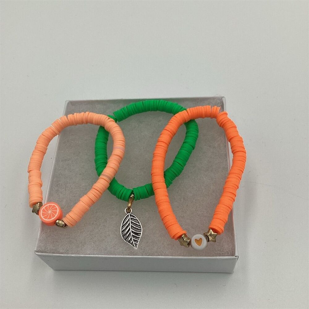 Multicolor Clay Bead Bracelet Set with Charms (3 Pcs) New